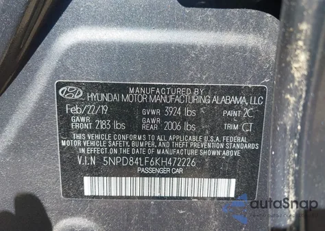2019 Hyundai Elantra Sel from USA, damaged, VIN 5NPD84LF6KH472226